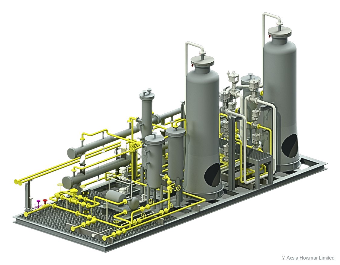 3D model of a DeOxo TSA dryer skid: reactor, twin adsorbers, coolers, knock-out drums, heaters and filters on one frame.