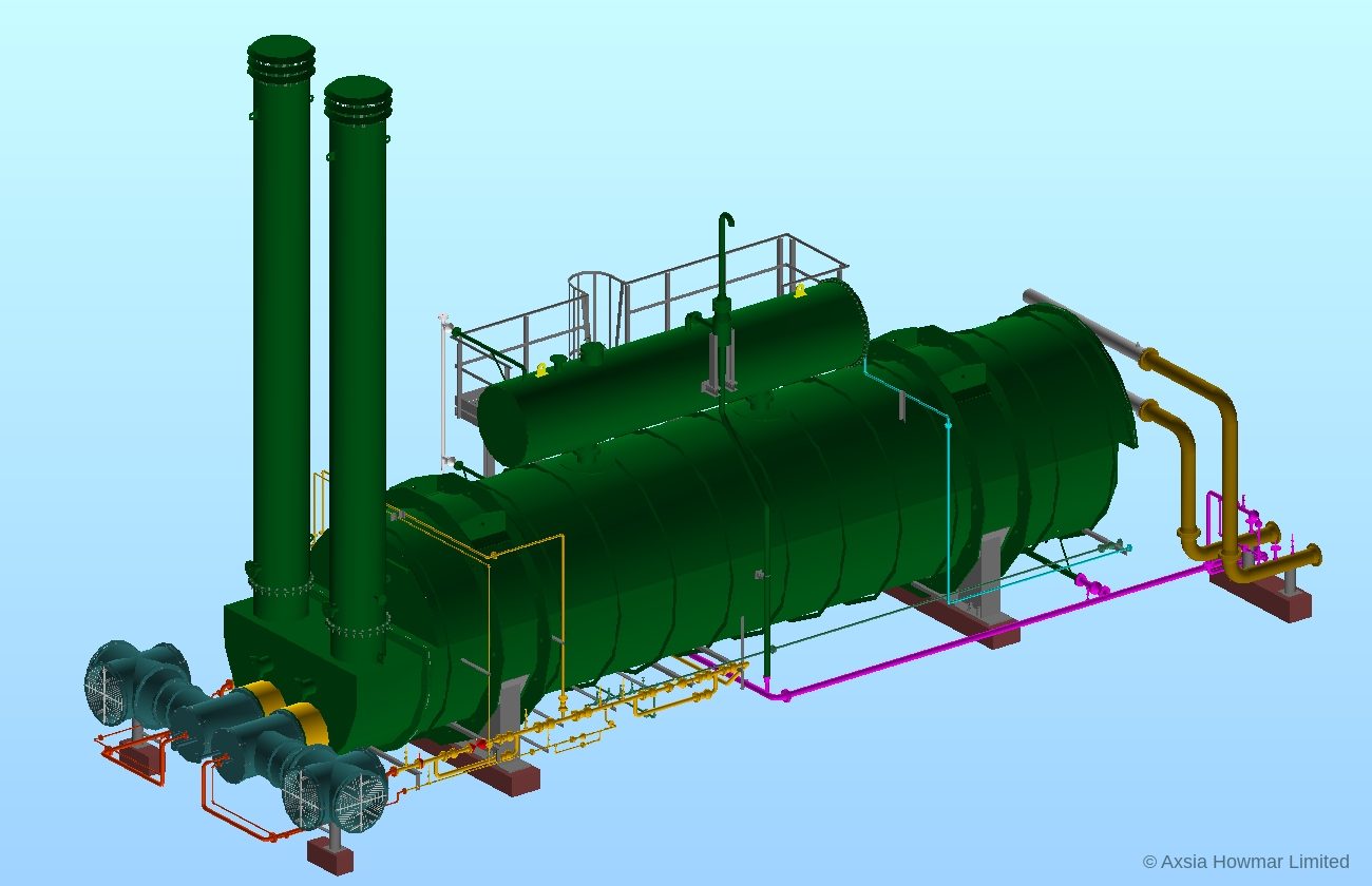 3D model of an indirect fired heater package: bath vessel, fire tubes and stacks, burner fans, fuel gas train and piping on one skid.