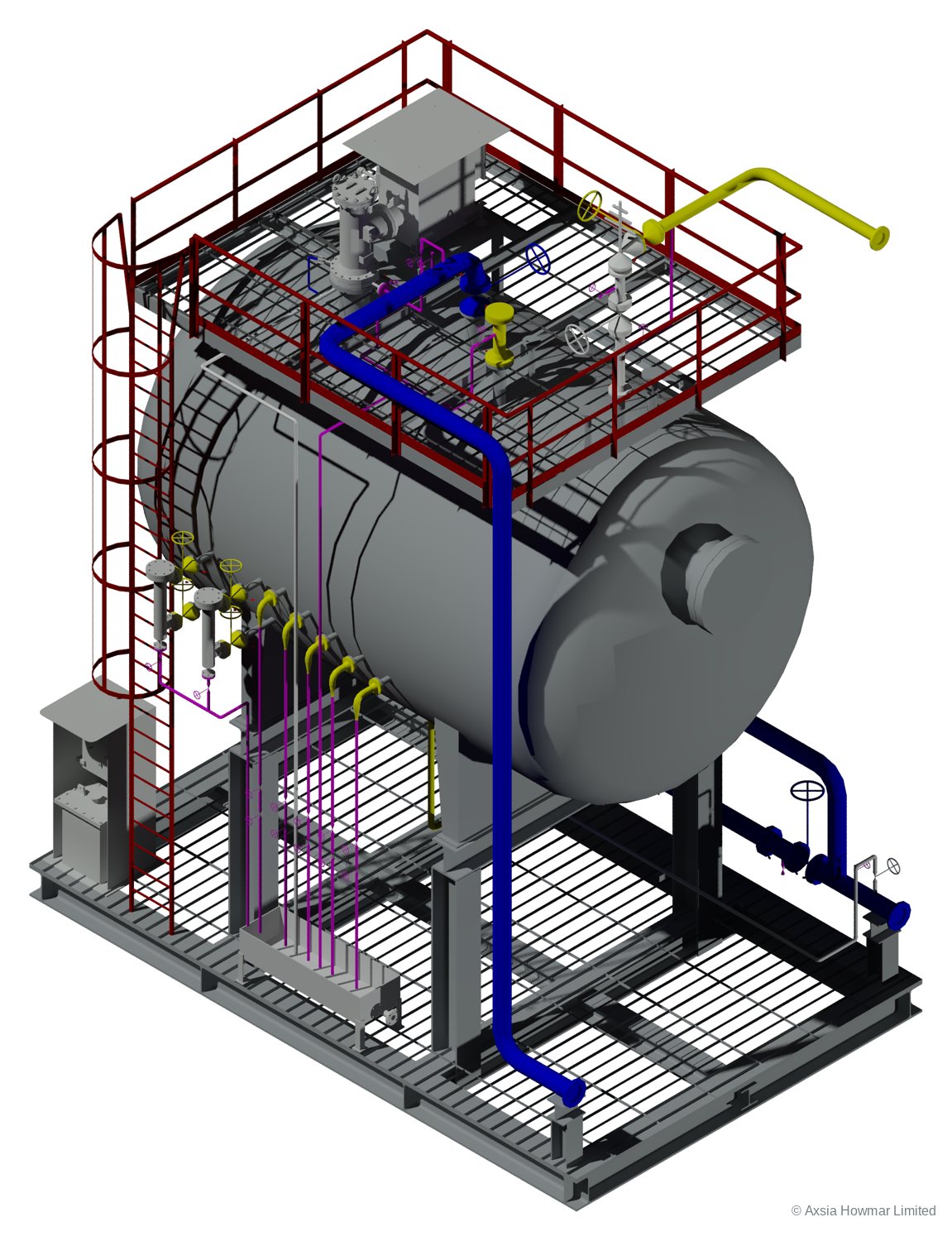 3D model of a skid-mounted vertical DC electrostatic prewash coalescer: vessel with top platform and power unit, high-voltage bushing, level bridles and interface instruments, caustic draw-off and local control panel.