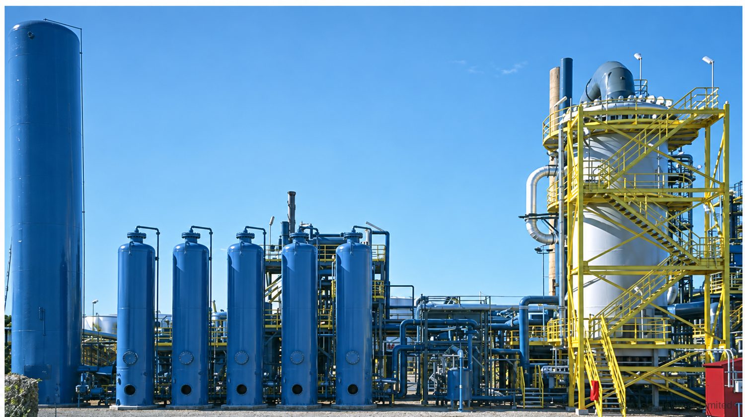 Hydrogen plant with a multi-bed PSA unit: adsorber vessels in the foreground and the steam reformer behind.