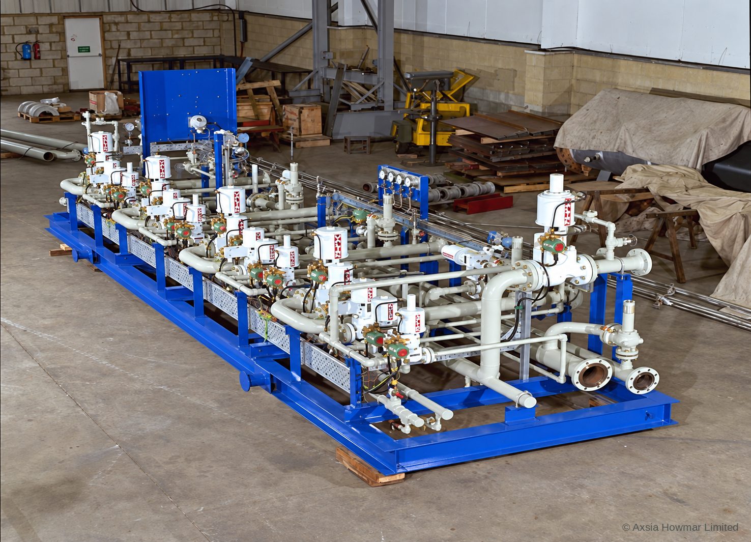 Hydrogen PSA valve skid in the fabricator's workshop, assembled for testing.